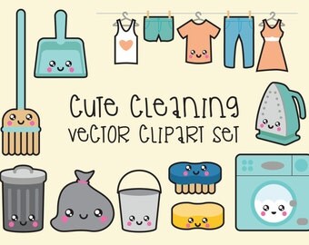 Premium Vector Clipart - Kawaii Cleaning Clipart - Kawaii Clip Art Set - High Quality Vectors - Instant Download - Kawaii Clipart