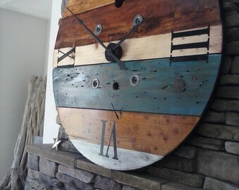 Oversized Wall Clock, Rustic Wall Clock, Huge Clock, Spool Clock, Wood Clock, Rustic Clock, Industrial Clock, Rustic Decor