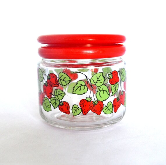 1980s Strawberry Glass Jar with Red Plastic Lid Jelly Jar