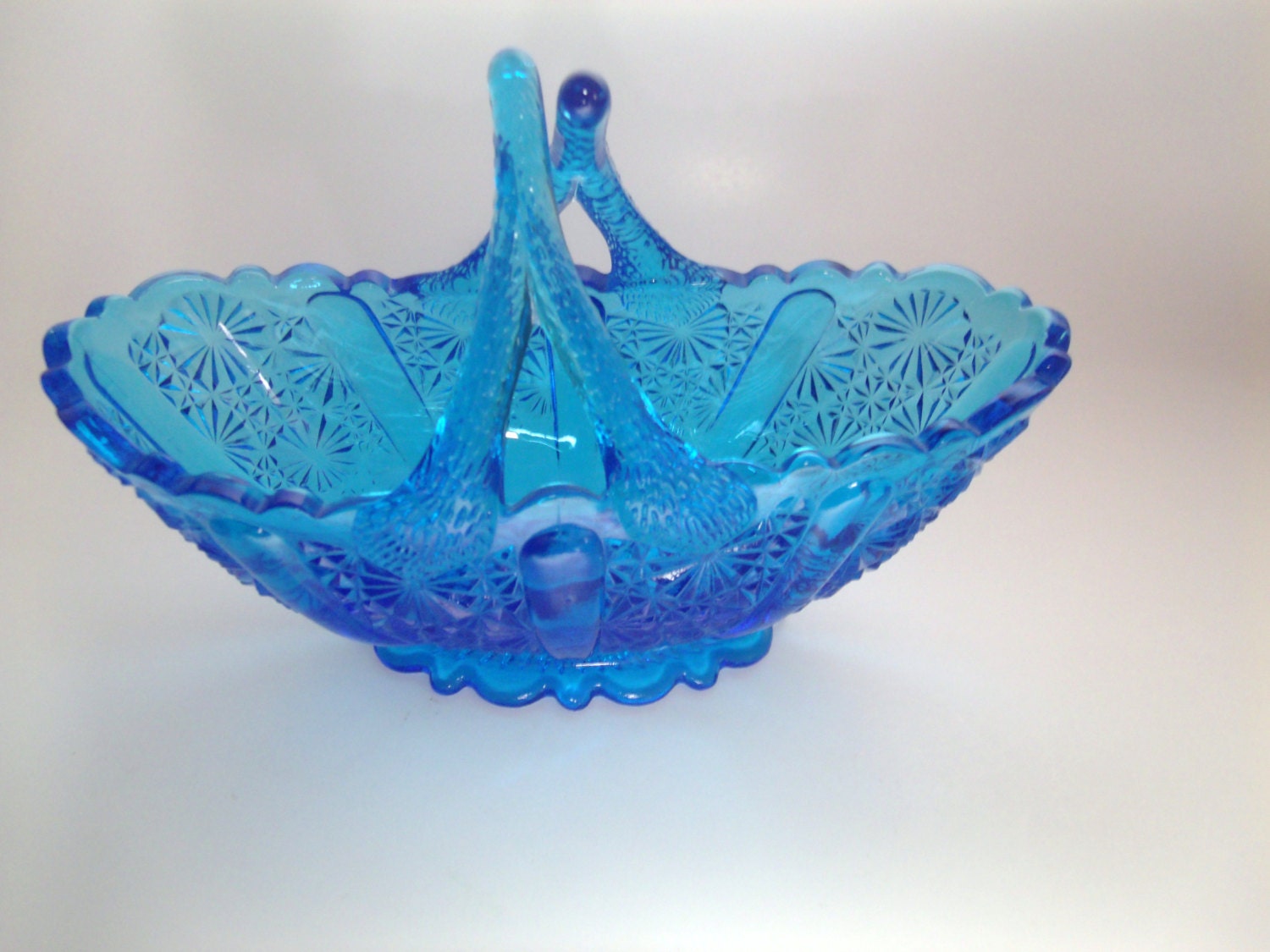 Fenton Daisy and Button Split Handled Basket Peacock Blue