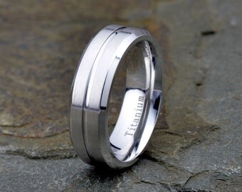 titanium wedding band brushed grooved polished beveled edge mens titanium ring wedding band custom laser engraving - Mens Titanium Wedding Rings titanium wedding band brushed grooved polished beveled edge mens titanium ring wedding band custom laser engraving - Mens Titanium Wedding Rings