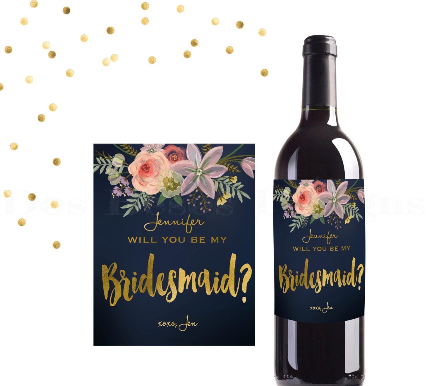 Bridesmaid Wine Label Printable Label Navy and by DosBesosDesigns