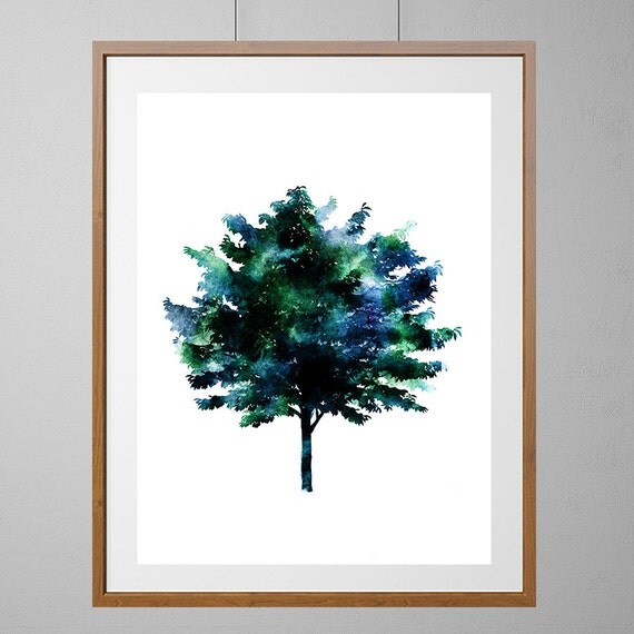 Tree Art Print Blue Green tree watercolor by MimiPrints on Etsy