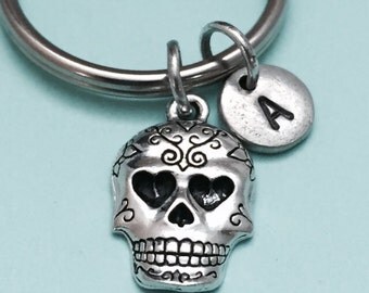 Sugar skull keychain, sugar skull charm, skull keychain, personalized keychain, initial keychain, initial charm, customized, monogram