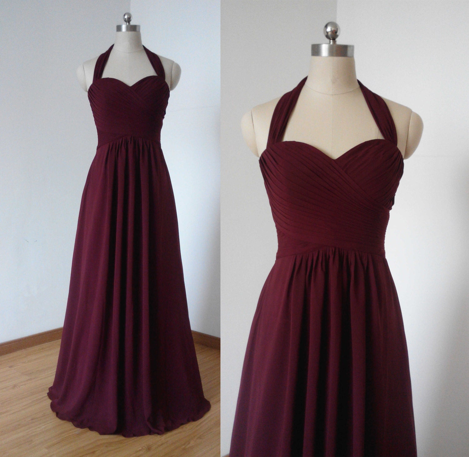 Halter Sweetheart Burgundy Chiffon Long Bridesmaid Dress