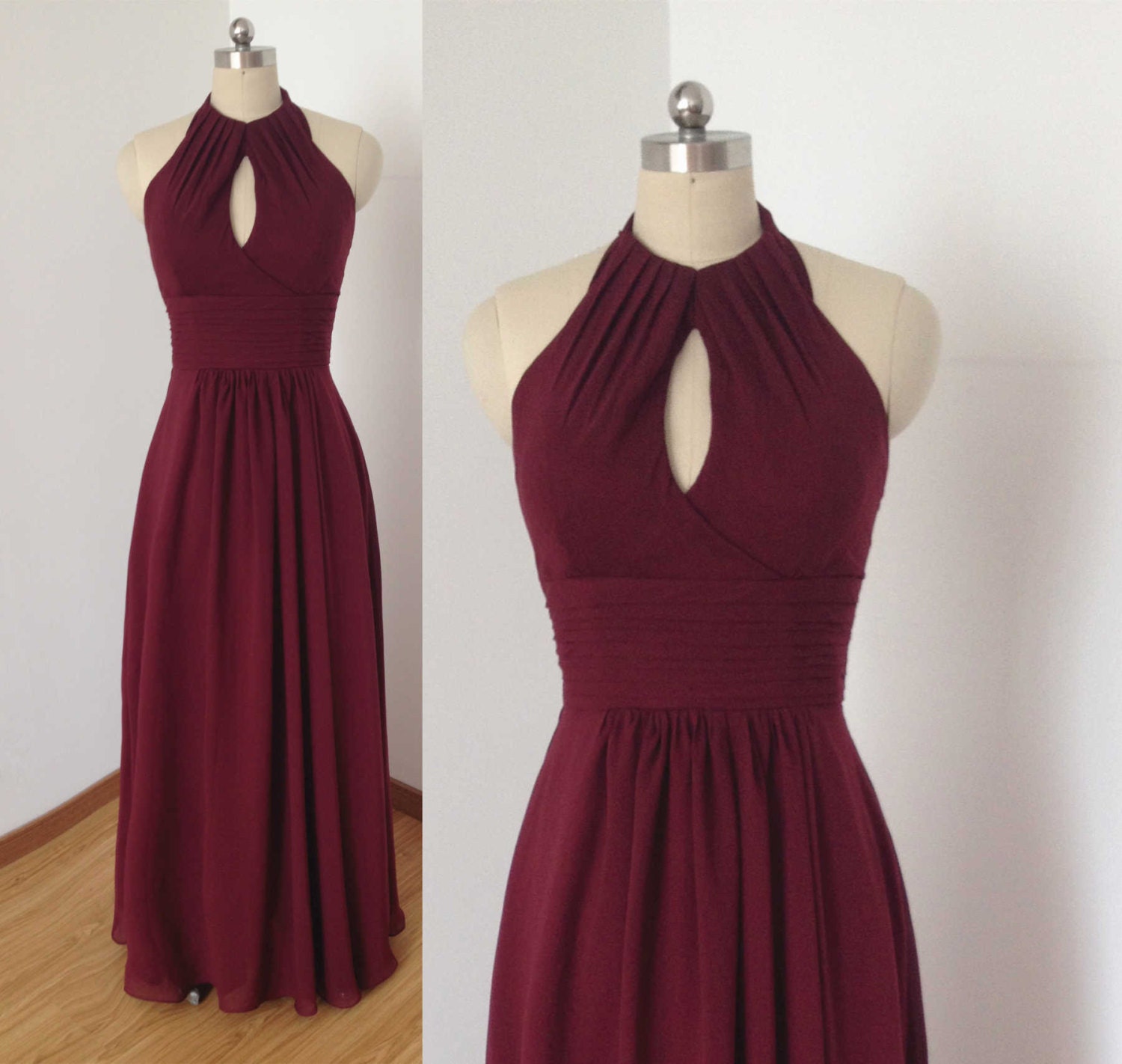 Tied Halter Burgundy  Chiffon Long Bridesmaid  Dress 