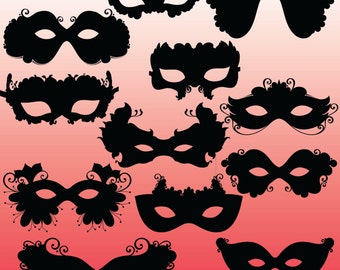 12 Masquerade Mask Clipart Images, Clipart Design Elements, Instant Download, Black Silhouette Clip art