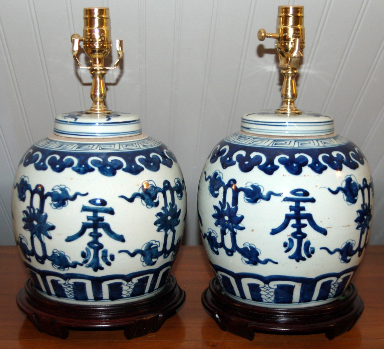 PAIR Chinese GINGER JAR Lamps Blue and White by TenHillsAsianArt