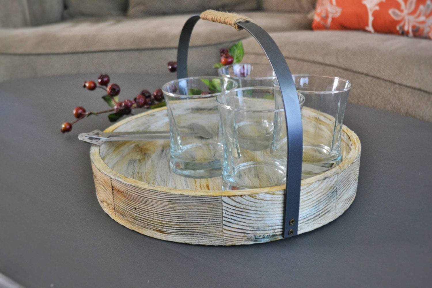 Round Wooden Whitewashed Tray with Metal Handle and by ChalksOLot