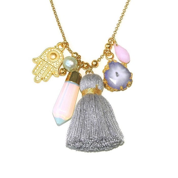 Items similar to Tassel charm necklace, boho statement necklace, boho