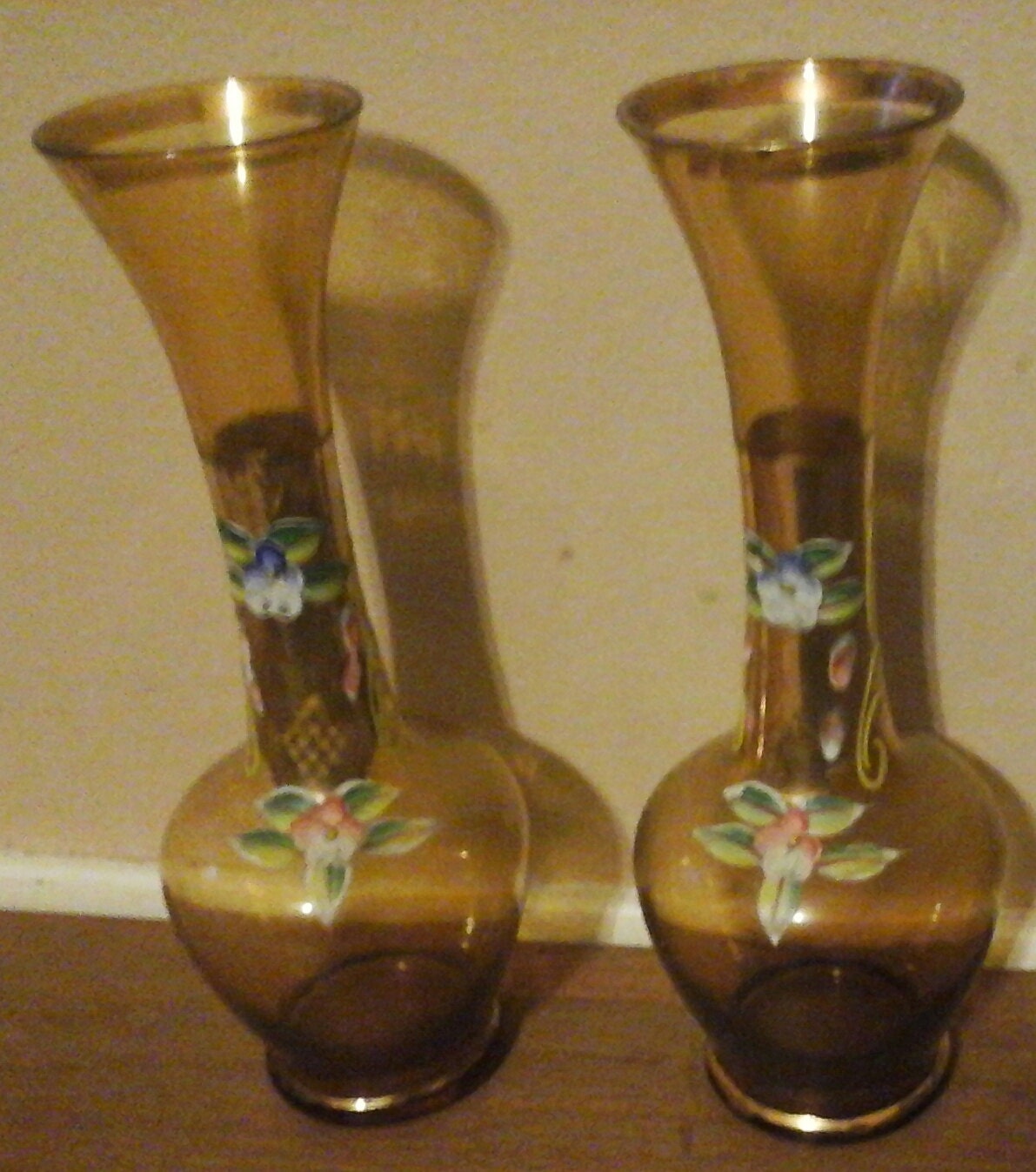Set of 2 Hand Painted Amber Glass Vases