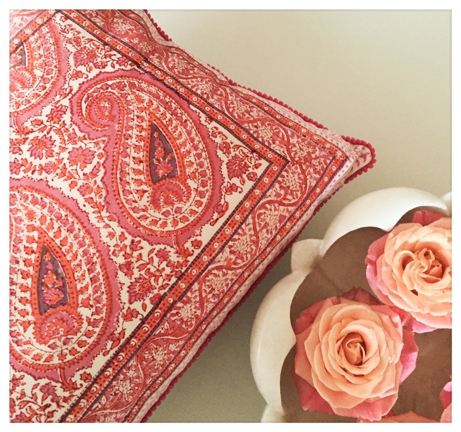 SALE Handmade Wood Block Printed Pillow, Handcarved Block Printed