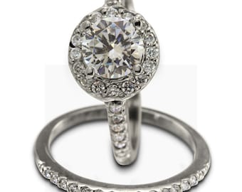 Halo Engagement Ring Set In 14k White Gold With 1 Carat Center Diamond