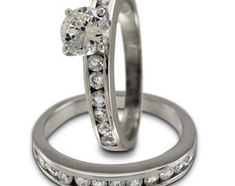 Diamond Bridal Set In 14k White Gold Featuring A Channel Set Diamond Ring Design