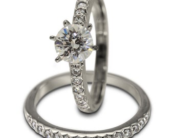 1 Carat Diamond Engagement Ring Set In 14k White Gold With Pave Diamond Accents