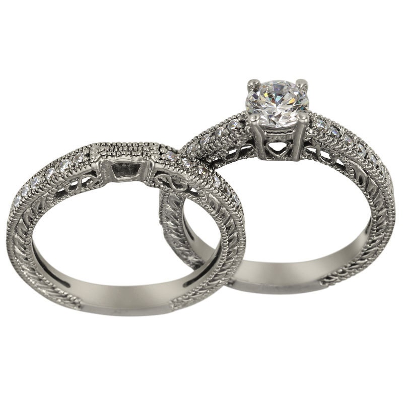 Filigree Wedding Set With 1/2ct Round Diamond With by Dacarli
