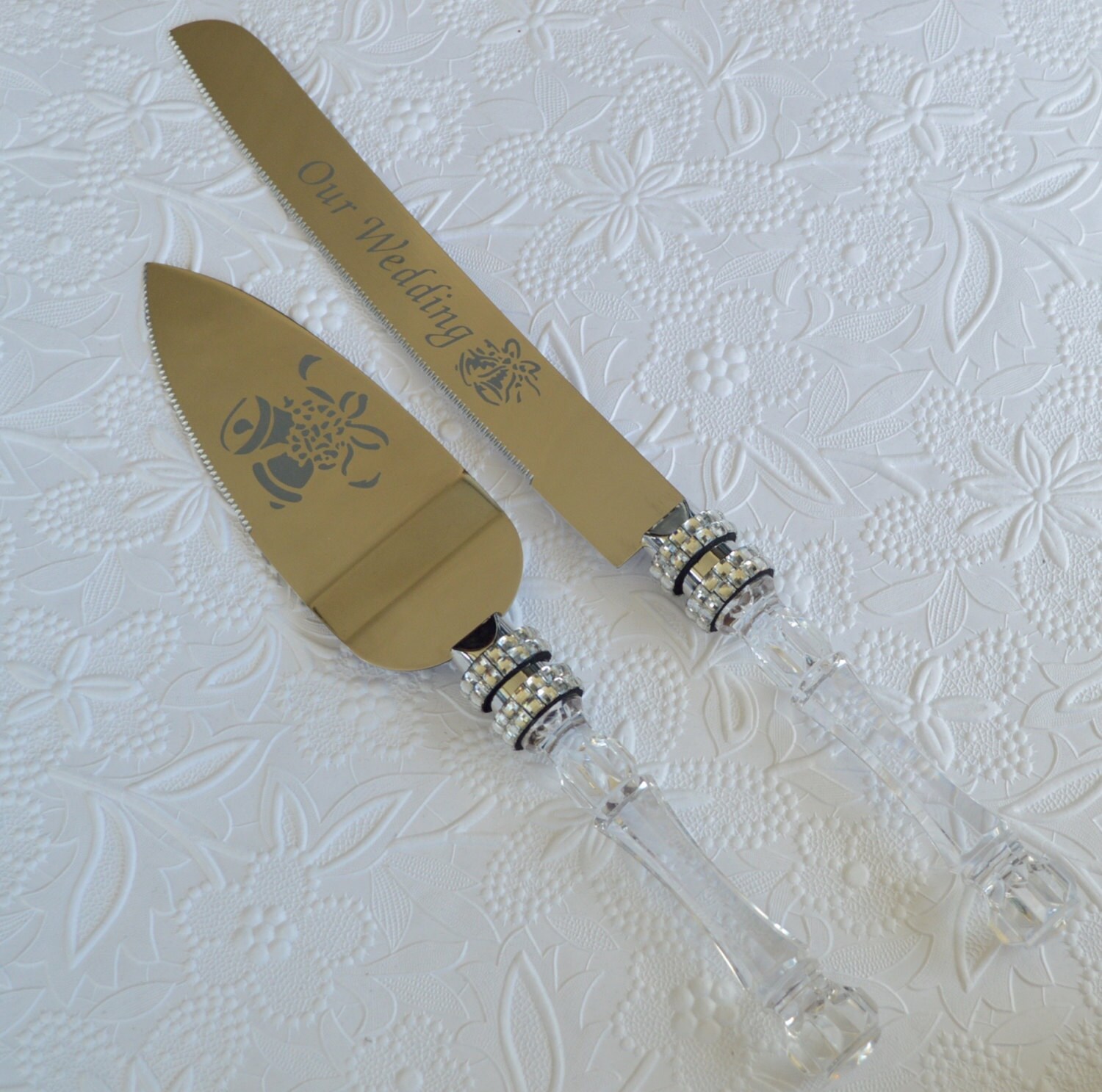 Unique Wedding Cake Serving Set Rhinestone Ribbon Victorian