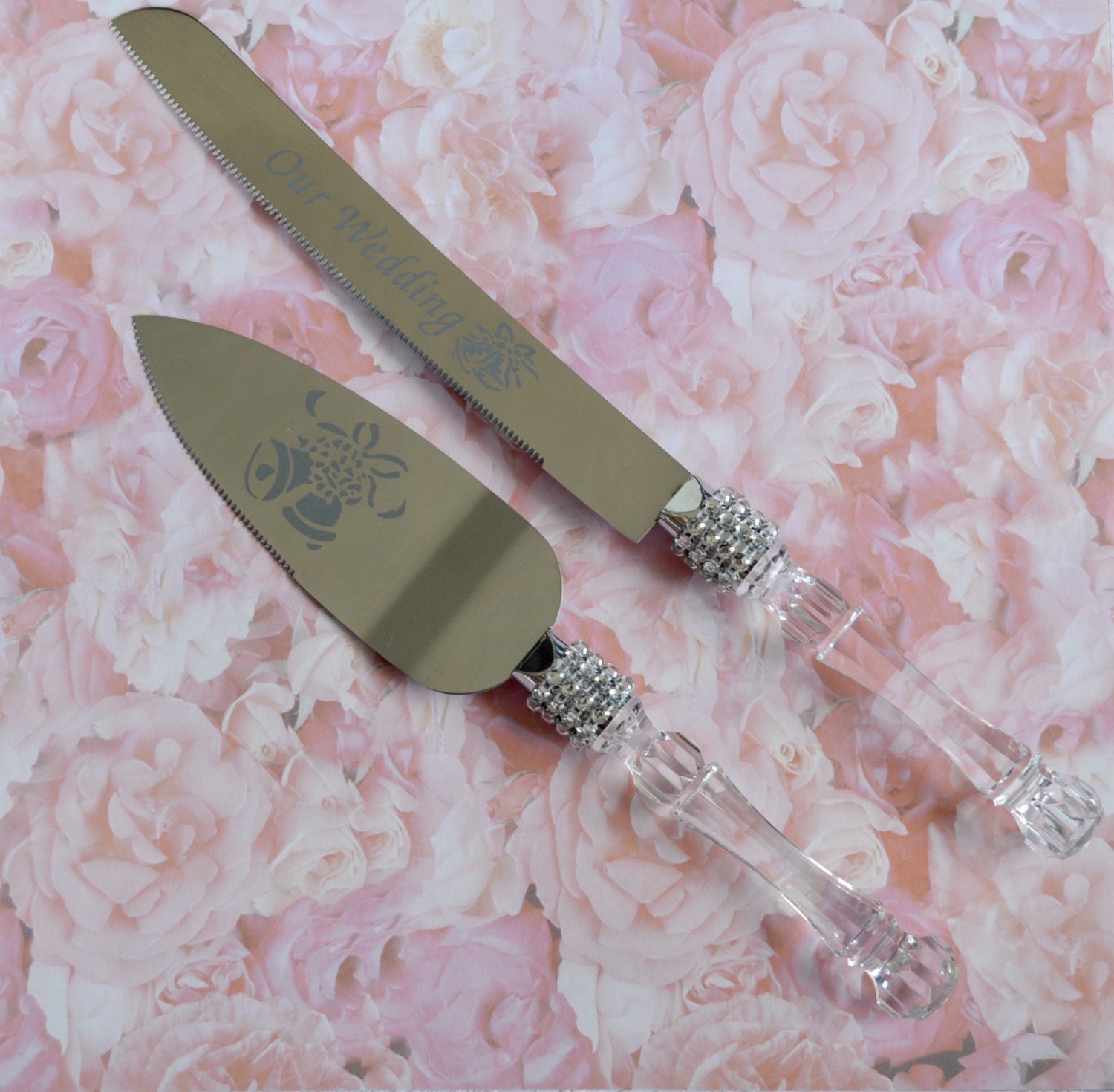 Unique Wedding Cake Serving Set Rhinestone Ribbon Victorian