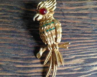 Vintage Gold Bird Brooch with Red and Green Glass Stones