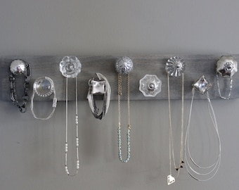 Jewelry organizer, necklace holder, jewlery holder, 9 knob necklace organizer for wall, hanging jewelry, silver and crystal, bedroom wall