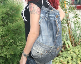 Denim backpack, Boho backpack, Drawstrings backpack, School teenage backpack, recycled fiber backpack
