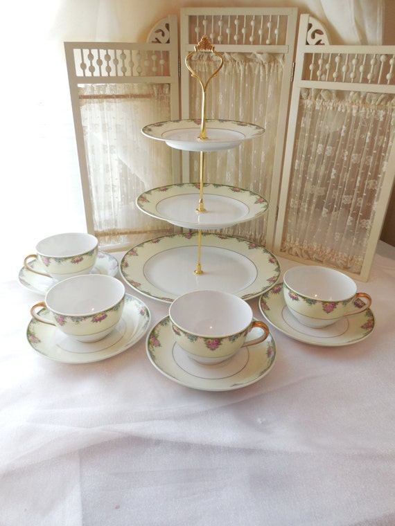 3 Tier Cupcake Stand with 4 Teacups and Saucers Complete Tea