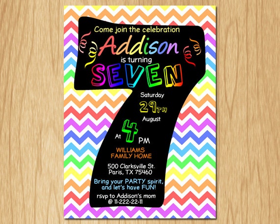 7th Birthday Invitation Rainbow Chevron Pastel Seventh Birthday Party 