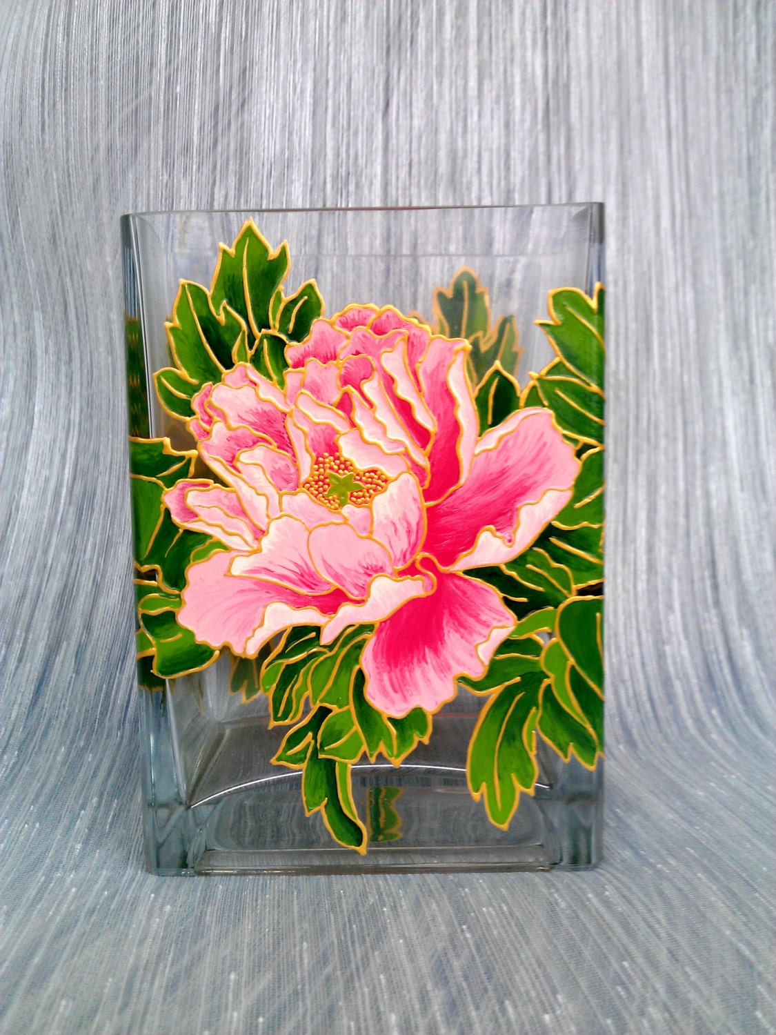 Peonies Vase Glass vase Square vase Hand painted Painted vase