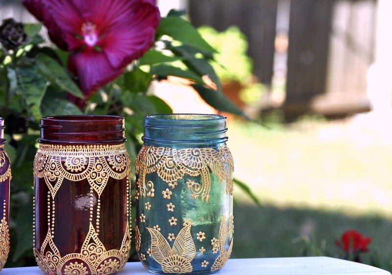 SET OF 2 Mason Jars BOHO Lanterns Decorated With Henna Design