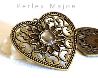 support pendentif forme de coeur couleur bronze + cabochon en verre de 10 mm