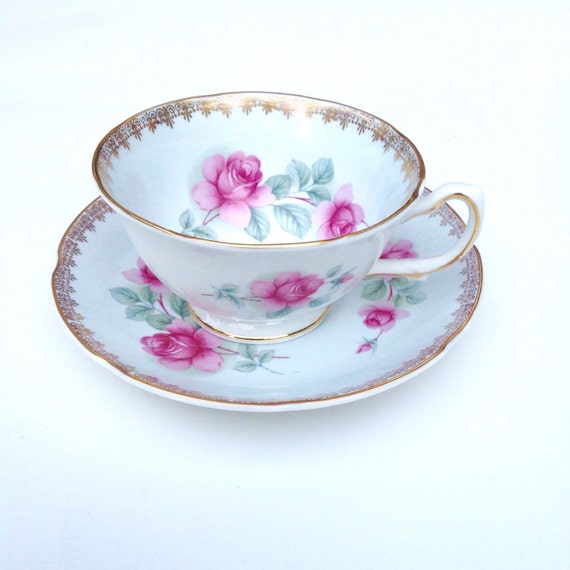 Antique Tea Cup and Saucer Royal Grafton Blue Vintage Teacup and Saucer Pink Roses