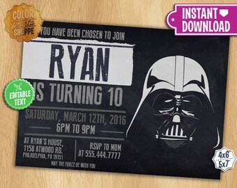 Star Wars Invitation - EDITABLE TEXT - Darth Vader Customizable Printable Birthday Party Invite Jedi Sith Knight Galaxy - Instant Download