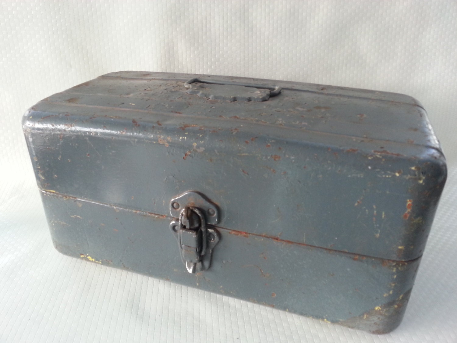 Vintage Grey Metal Fishing Tackle Box Industrial Organizer Haute Juice