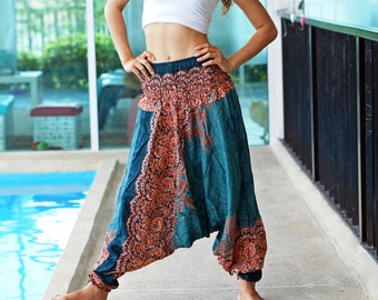 Floral Harem Pants Rayon Pants, Boho Strenchy Pants, Elastic Waist Clothing Beach Women Baggy Casual Turquoise color T0509