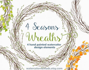 Watercolor clipart, wreath clipart, branches clipart, leaves clipart, digital clipart, fall clipart, floral clipart, seasons clipart, winter