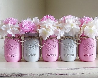 Pink and Gray Distressed Mason Jars, Wedding Centerpieces, Painted Mason Jars, Mason Jar Centerpieces, Baby Shower Decorations, Vases