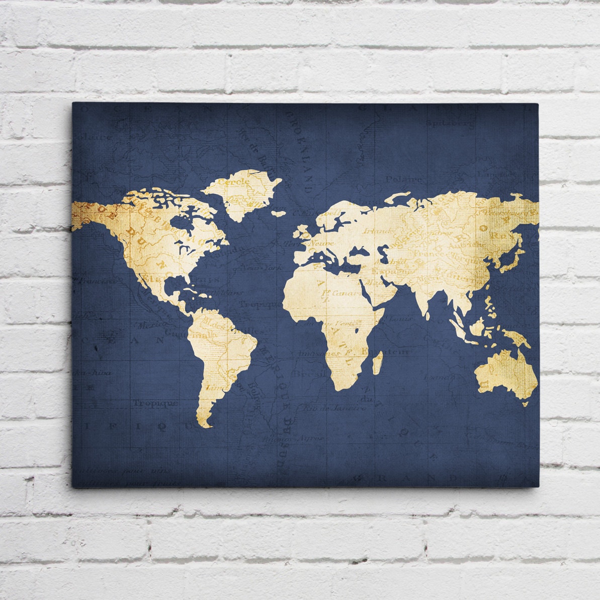 Navy WORLD MAP Wall ART Triptych 3 Canvases World Map Print