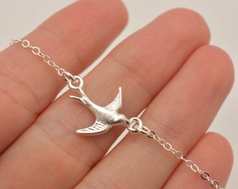Sparrow Necklace, Silver Swallow Necklace, Swooping Bird Necklace, Bird Charm Necklace, Sterling Silver Chain, Gift for Her 0316