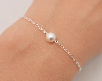 Single Pearl Bracelet, Tiny Pearl Bracelet, Sterling Silver Bracelet, Floating Pearl Minimalist Bracelet, Bridesmaid, Gift for Her 0319