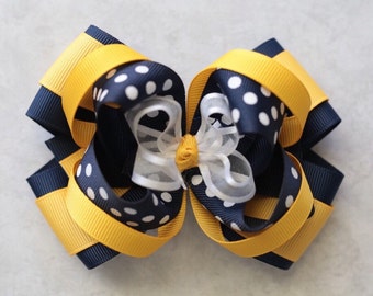 School bow-school uniform hair bow-uniform hair bow-navy yellow gold white school uniform hair bow-layered school bow-white navy yellow bow