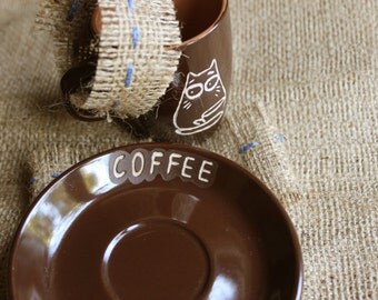 Coffee cup,unisex,brown,pottery mug ,gift for him,clay cup,cat cup,custom gift,coffee set,ceramic cup,dinnerware,demitasse,stoneware mug