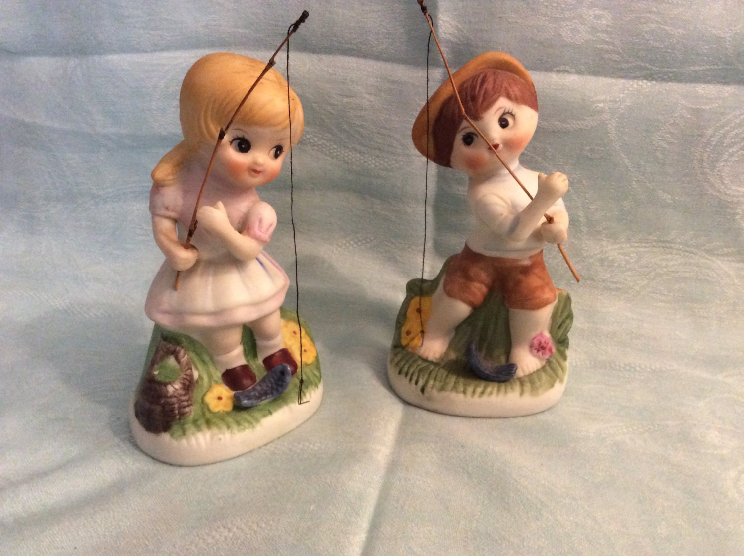 Fishing Boy and Girl Figurines with Cane Poles