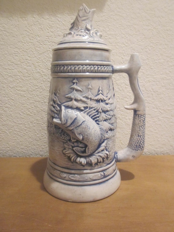 BEER STEIN STONEWARE With Lid FishingTheme