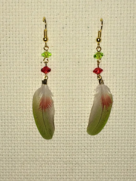 Pineapple Green Cheek Conure Feather Earrings Cruelty Free