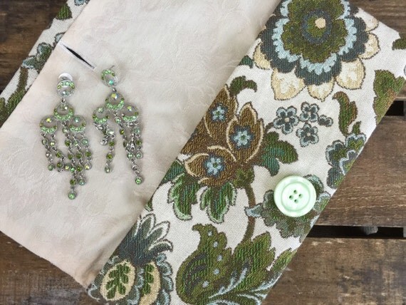 Handmade Vintage Floral Fabric Clutch Bag - Cloth Bag - Art Nouveau Style Fabric Chic Bag - Green Floral Cream Lined Clutch Bag
