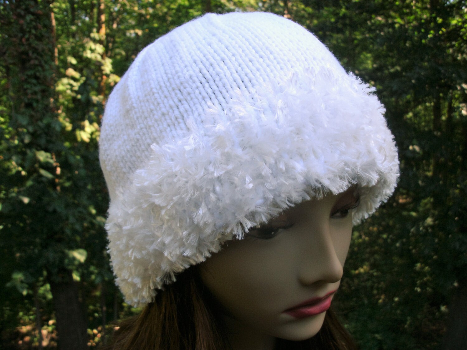 Faux Fur Brim Hand Knit Hat Adult Pure White Original Design
