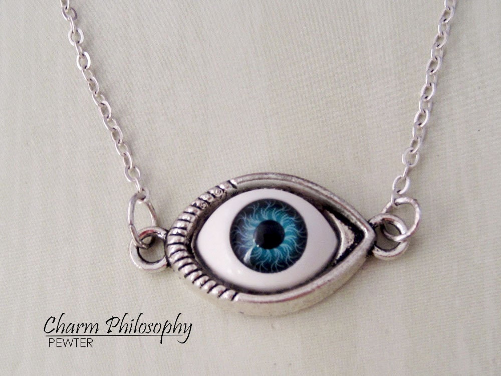 Eyeball Necklace Blue Eye Jewelry Antique Silver by cppewter