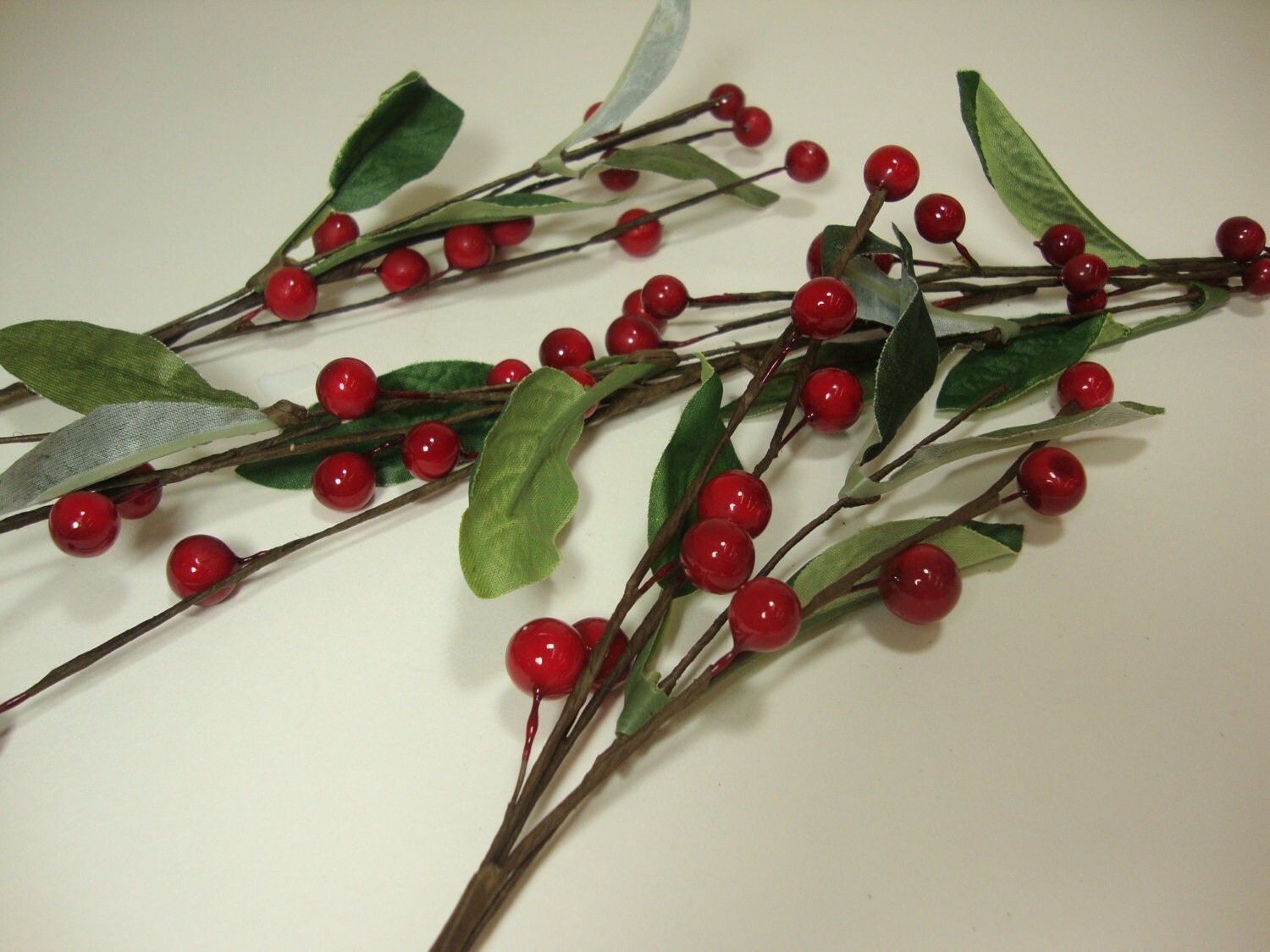 Artificial Branch of Holly Red Berries with Leaves. Bag of 12