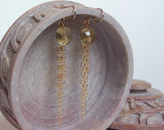 Olive Quartz Earrings, 14K Gold Filled Ear Wires and Chain