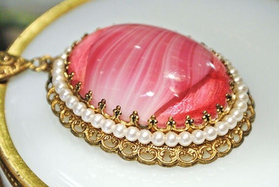 Western Germany Necklace Pendant 1940s 40s Antique Pink Slag Glass Givre Glass Cabochon Faux Seed Pearls Filigree Setting Vintage Necklace